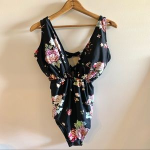 NWT Cupshe black floral corset lace up back one piece swimsuit size large